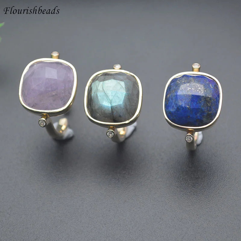 Wholesale Rectangle Shape Natural Amethyst Lapis Labradorite Gold Plating Open Circle Smart Ring for Women Men Jewelry Gifts