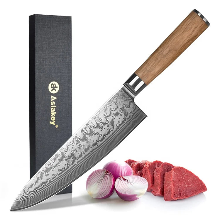 High Quality 8 Inch Chef Knife with Olive Wood Handle Damascus Blade Carbon Steel Kitchen Vegetable Knife
