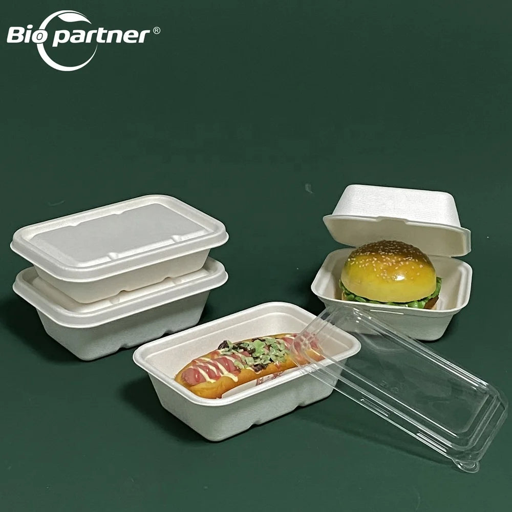 AL6 Bio-Degradable 400ml Bamboo Disposable Rectangular Takeaway Box with Lid Microwavable Hot Food Container Bagasse Material
