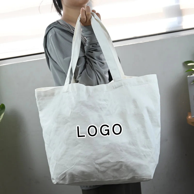 Wholesale Customized Printed Fashion Shopping Canvas Tote Bag Blank Zipper Closure Advertising Use Large Thick Straps
