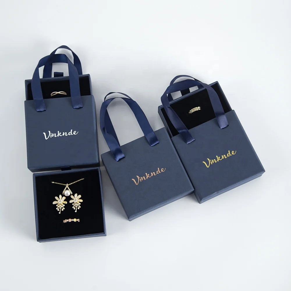 Dark Blue Luxury 9x9x3.2cm Jewelry Box Sliding Handle Black Velvet Sponge Cardboard Gift Packaging for Bracelet Drawer Storage