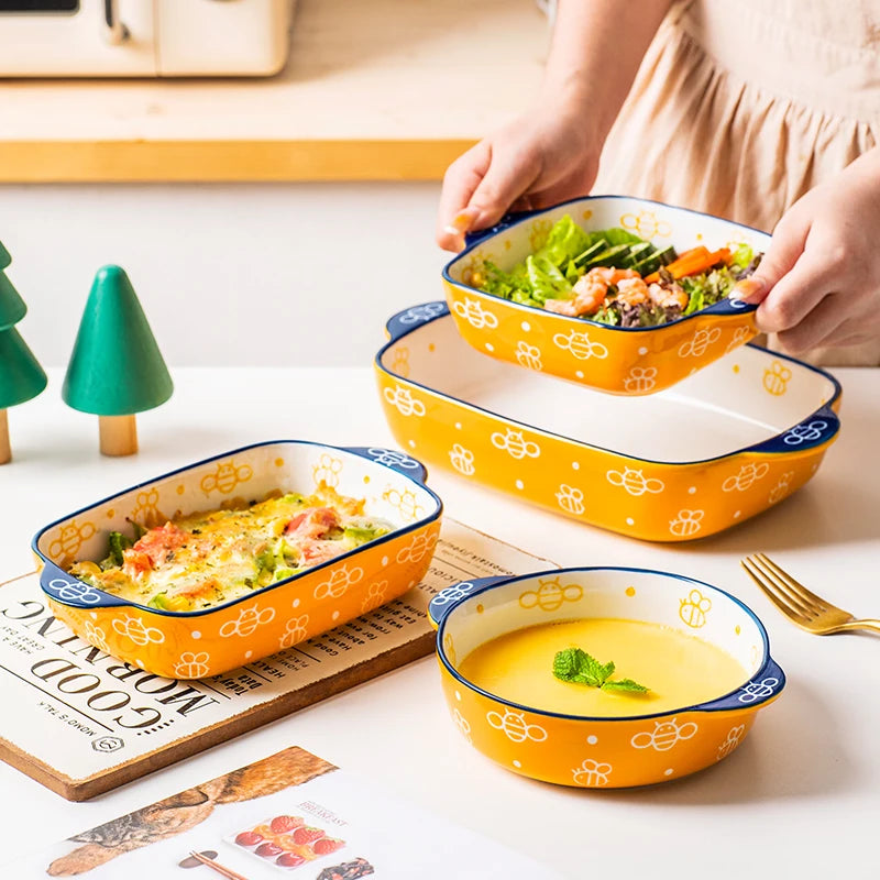Rectangular Round Ceramic Bakeware Plate Bee Pattern Tableware Ceramic Baking Pan Tray With Double Ear
