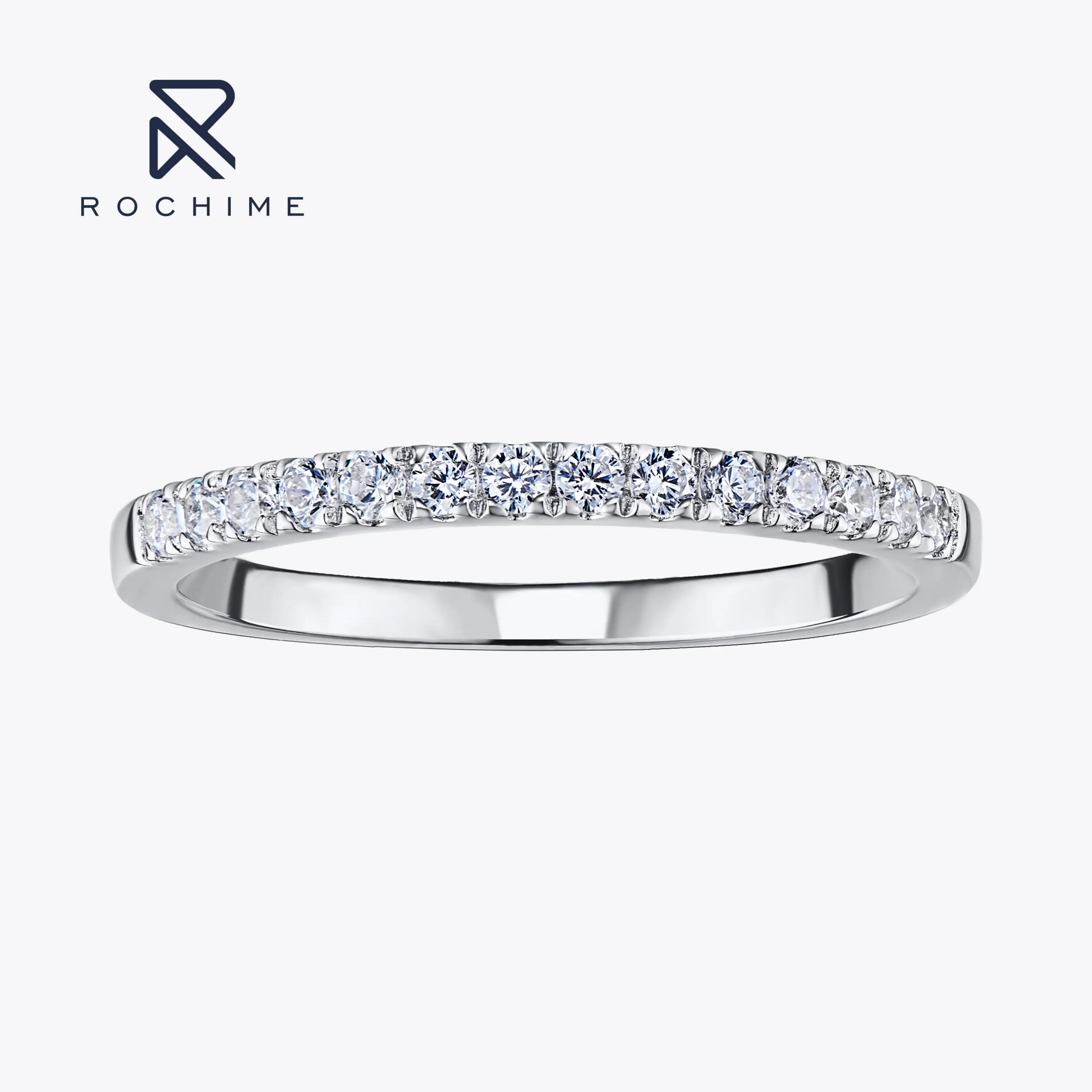 Rochime Fashion Half Circle Diamond Narrow Cubic Zirconia Band Ring 925 Sterling Silver Rhodium Plated  Ins Style Jewelry