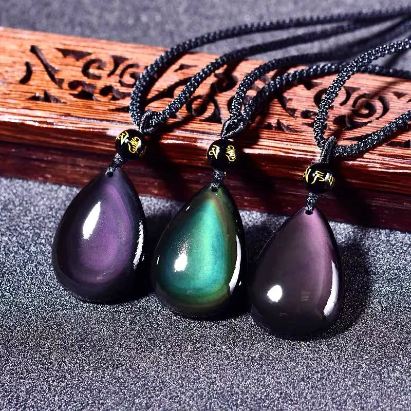 Hot Sale Wholesale Polished Natural Rainbow Obsidian Water Drop Shape Crystal Healing Pendant with Custom Logo for Gift