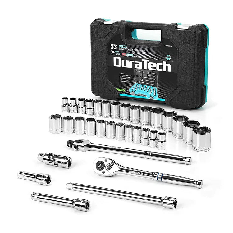 DURATECH 33pc 1/2" Drive Socket Set Including Metric/SAE Sockets 1/2-Inch Ratchet Breaker Bar and Socket Adapters