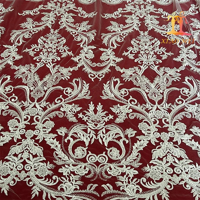 New Style 100% Polyester Eco-Friendly Mesh Wedding Embroidered White BridalCouture Beaded Tulle Lace Fabric XM-BF1074