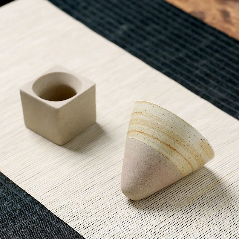 Hot Selling Japandi Retro 100ml Tumbler Cone Shape Coarse Pottery Espresso Mug Base with Pointed Bottom for Latte and Tea Cups