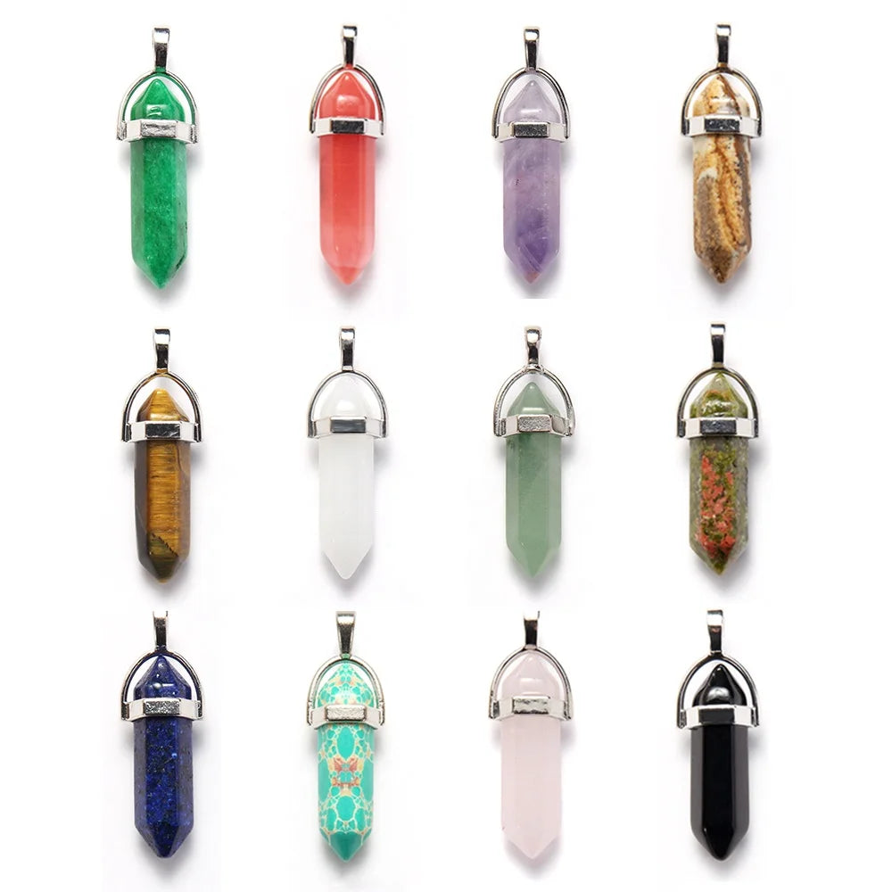 Fashion New 12pc Assorted  Color Natural Stone Amethyst Tiger Eye Stone Hexagon Column Pendant Double Pointed Warhead Necklace P