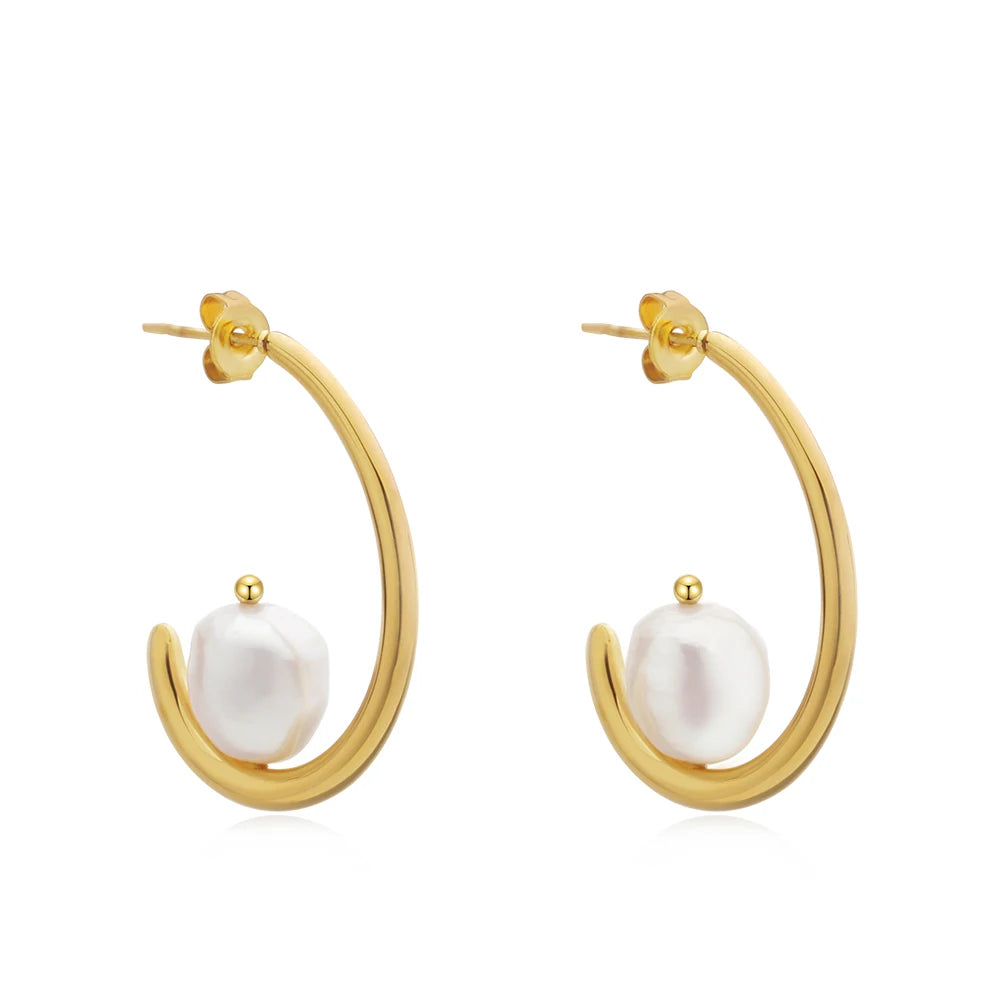Big Semi Circle Shell Pearl Hoop Earrings Studded Thick Line Personalized Statement Earrings for Women Fashion Jewelry Brinco