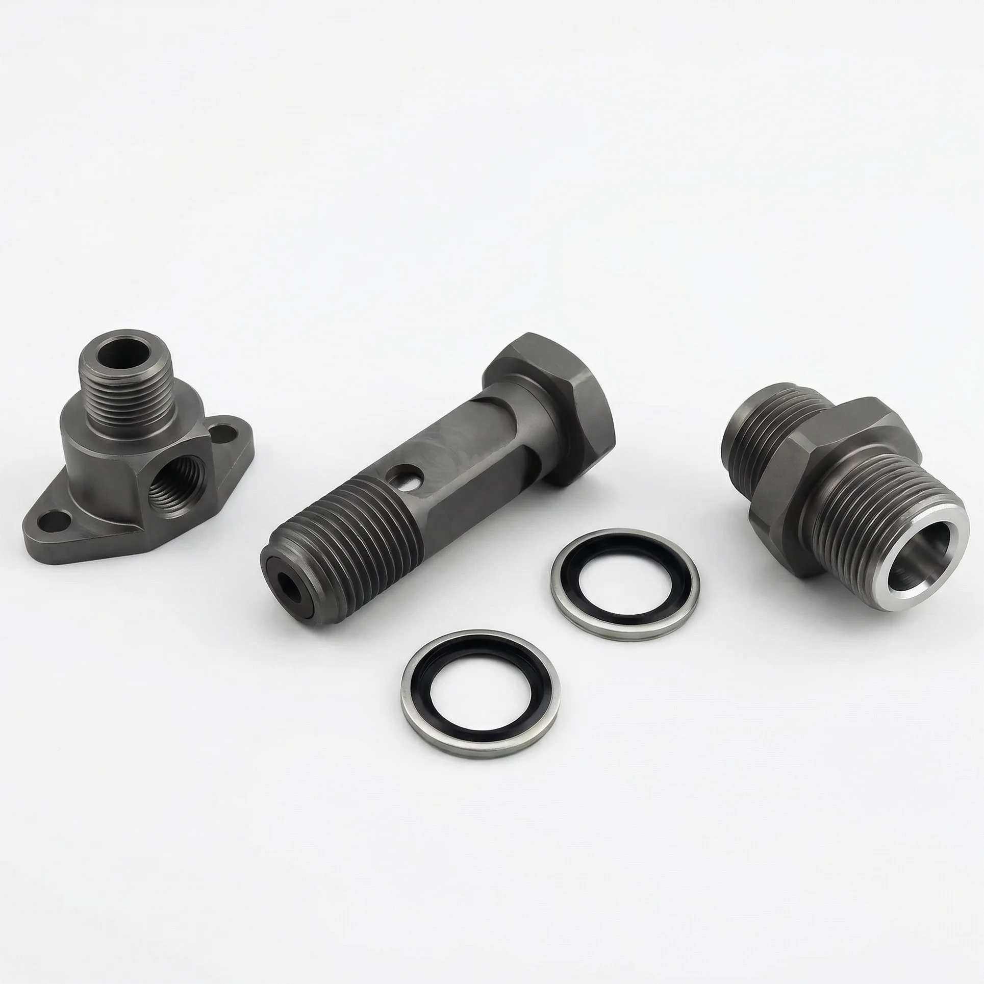 Custom CNC Machined Carbon Steel Banjo Bolts Flange Fittings and Bonded Seal Washers with Black Oxide Finish
