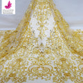 HY2660 Hot Selling French 3D Luxury Gold Beads Embroidered Pearl Lace Fabric Ladies Evening Dress Design Applique Lace