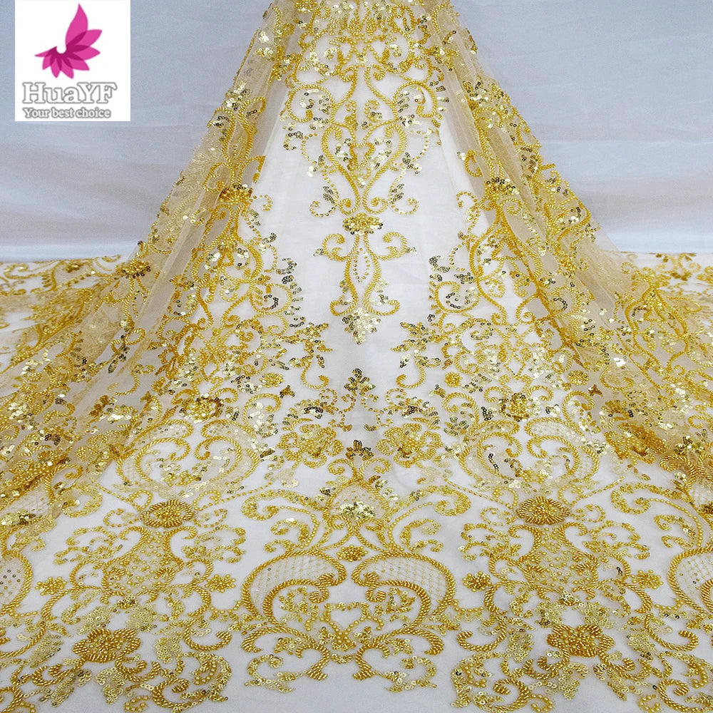 HY2660 Hot Selling French 3D Luxury Gold Beads Embroidered Pearl Lace Fabric Ladies Evening Dress Design Applique Lace