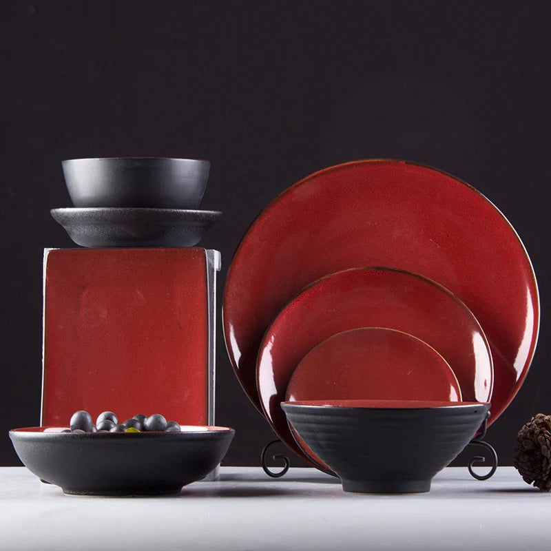 Black and Red Colour Porcelain Dinner Set Dinnerware for Cafeteria Evevts Serving Not Stick Cookware Set Cookware