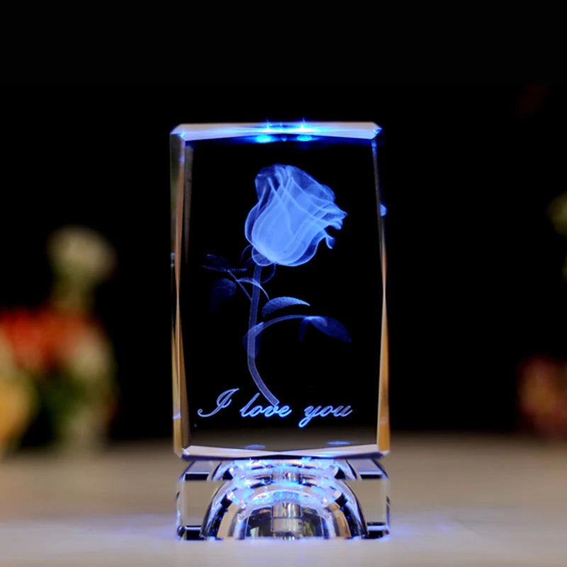 Colorful Led Light Base 3D Crystal Rose Engraving Cube Valentines Day Wedding Gifts