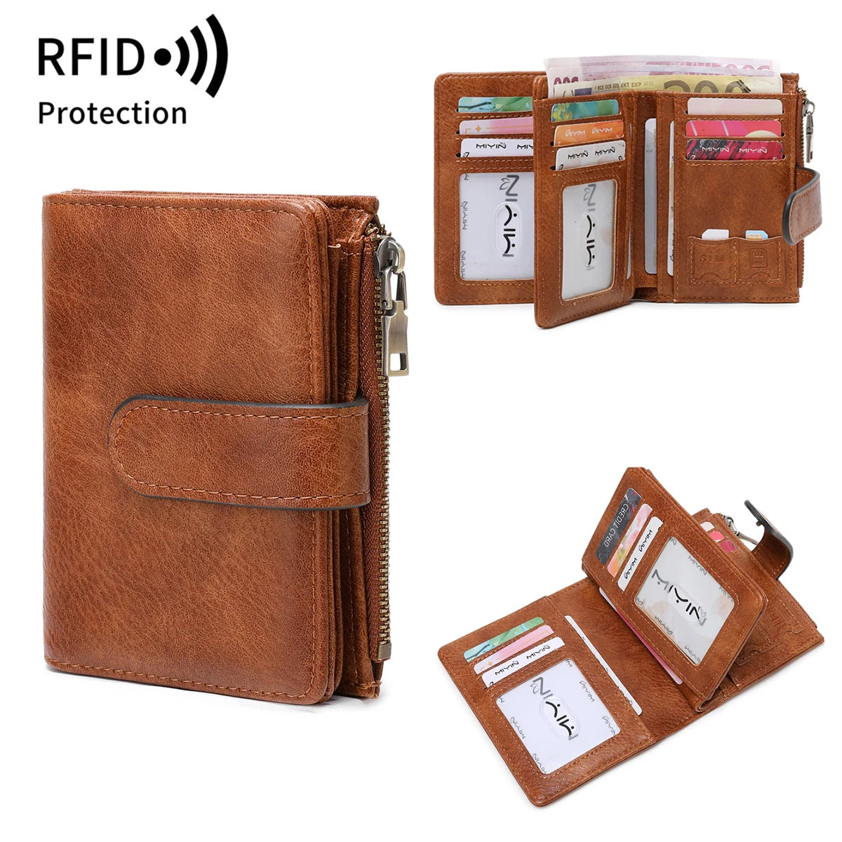 Retro RFID Blocking Women's Clutch Purse Multifunctional Triple Fold Credit Card Holder Stylish PU Leather Short Wallet