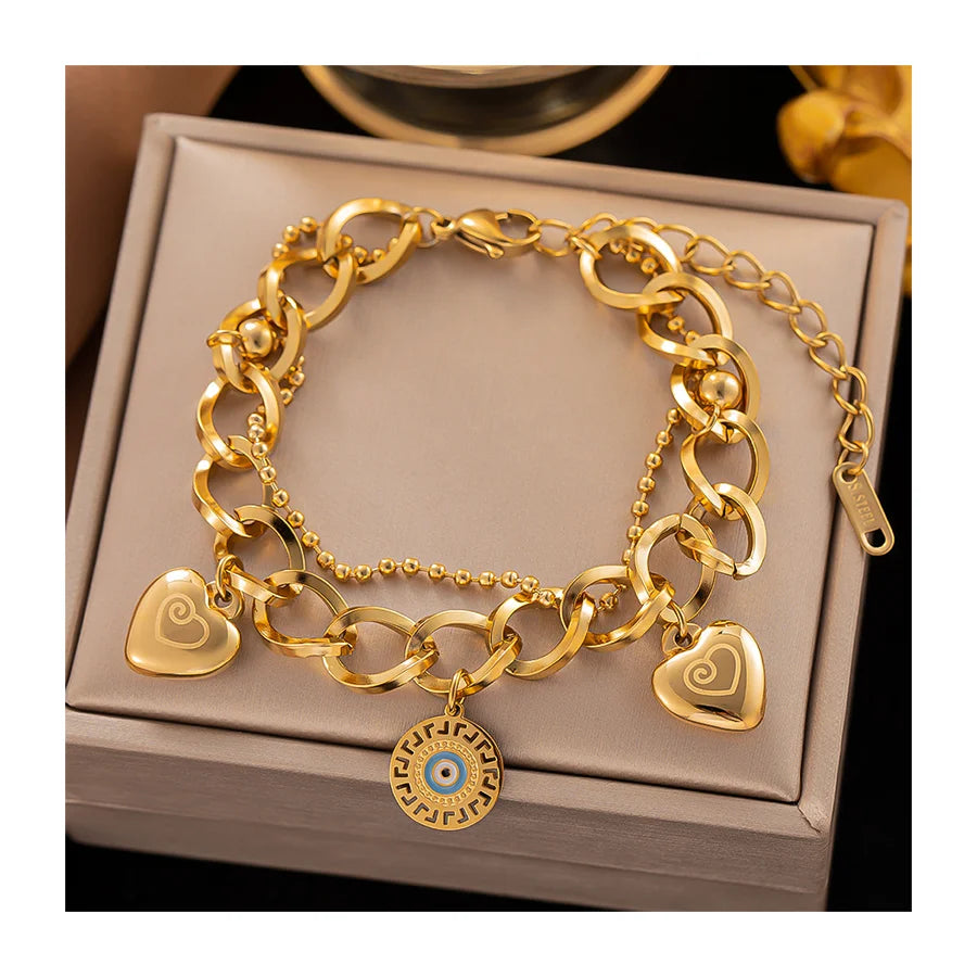 New Simple Trendy 4 Designs 18K Gold Plated Tarnish Free Stainless Steel Enamel Blue Devil Eye Bracelets for Women
