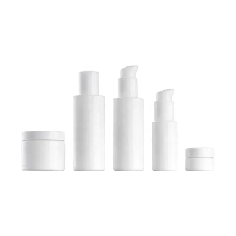 Opal Glass Jar 100 ml  50 ml  30 ml 15 ml Cream Jar and 40 ml 100 ml 120 ml Glass Bottle with Pump for Cosmetic Packaging