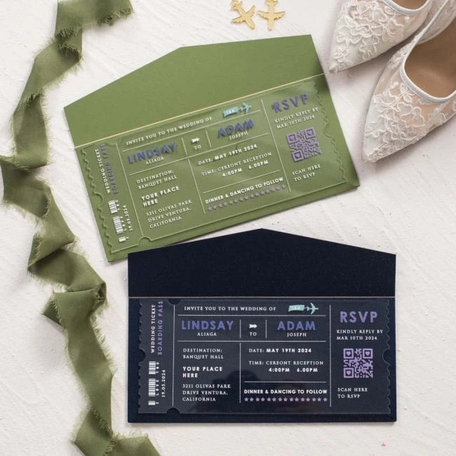 Factory Seller Customized New Design Envelope Transparent Gold Travel Ticket Acrylic  Wedding Invitation