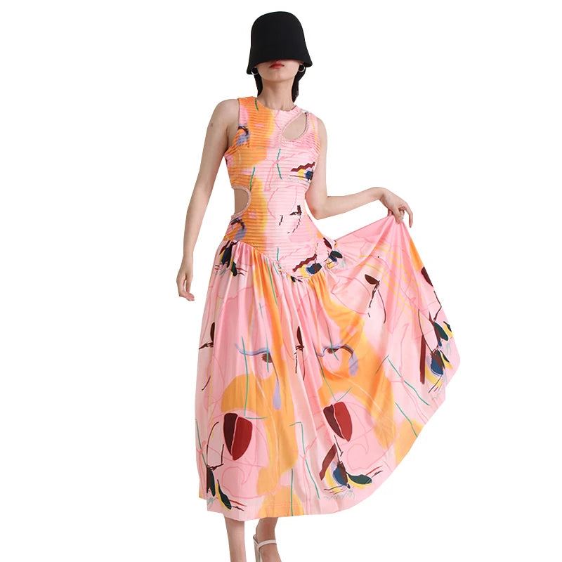 TWOTWINSTYLE Round Neck Casual Women's Dress Sleeveless High Waist Lady Elegant Dress for Women