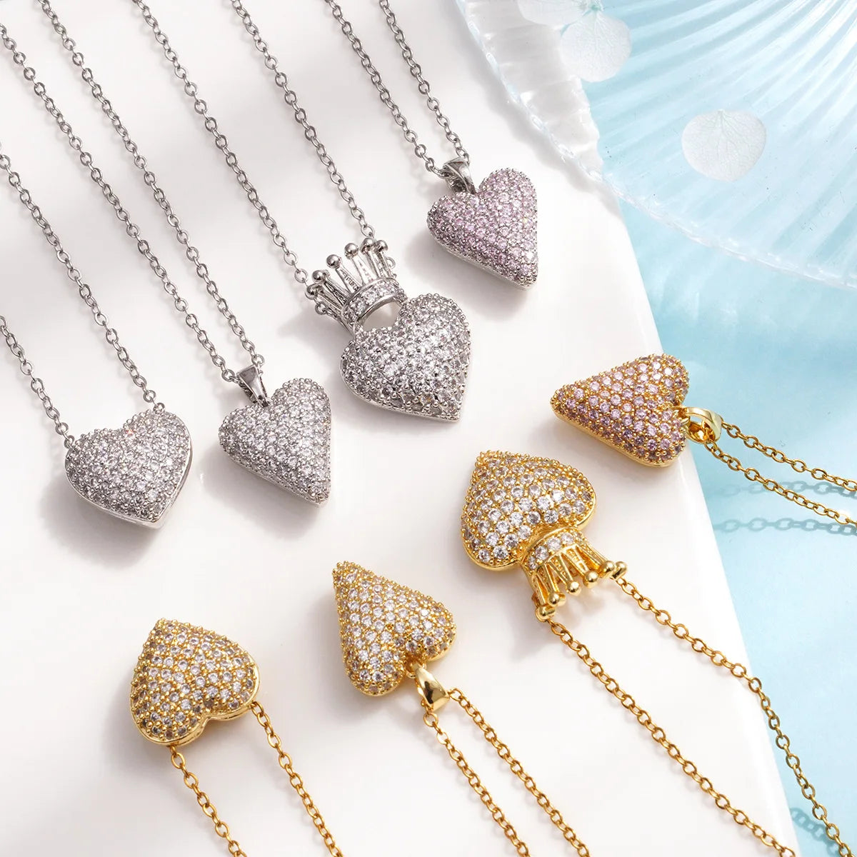 Stainless Steel Chain Real 18k Gold Plated Micro Paved CZ Love Heart Shape Pendant Crown Heart Zircon Pendant Necklace