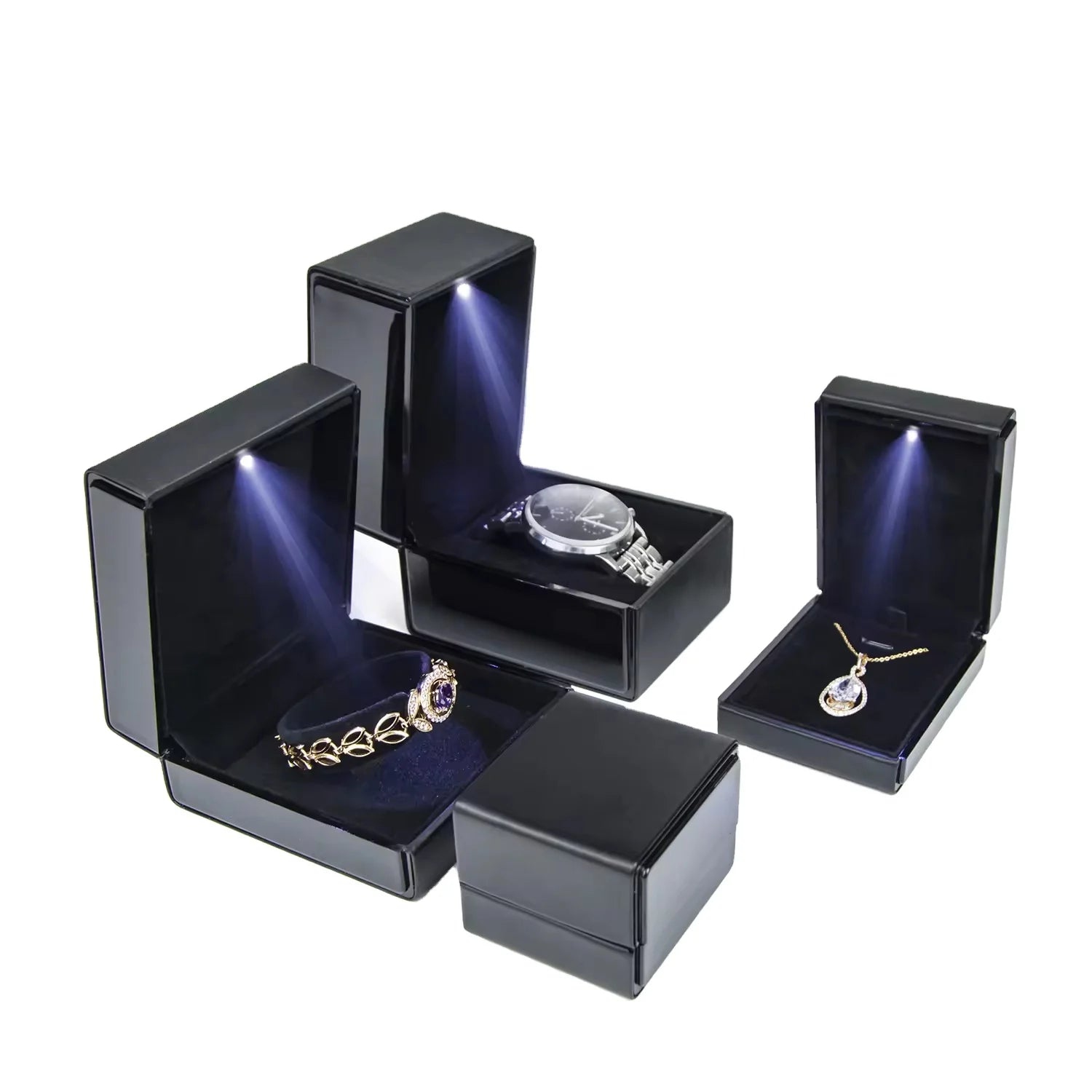 Luxury LED Jewelry Box with Black Gold Stamping Custom Ring Jewelry Case for Women