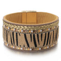 Bohemian Tiger Print Wide Cuff Bracelet with Braided Gold Beaded Details Magnetic Clasp Leather Cuff Bangle for Women