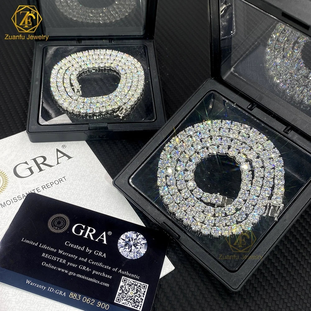 Hip Hop Iced Out D Color White VVS 925 Sterling Silver 3MM 4MM 5MM 6MM 7MM 8MM Moissanite Diamond Tennis Chain Necklace