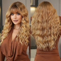 Ombre Blond Wigs with Bangs 24 Inch Long Curly Wavy Hair for Women Premium Heat Resistant Synthetic Fiber for Daily Cospaly