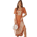 Ohsisa Women's 2025 Summer Rayon Printed Dresses Short Sleeve French Printed Holiday Style Square Neck Elegant Lady Long Dress