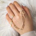 Hot Sale Ladies Custom Vintage Punk Double Cross Rings Finger Tassel Gold Sliver Gothic Adjustable Rings Set With Link Chain