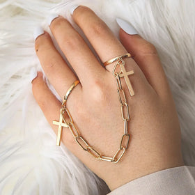Hot Sale Ladies Custom Vintage Punk Double Cross Rings Finger Tassel Gold Sliver Gothic Adjustable Rings Set With Link Chain