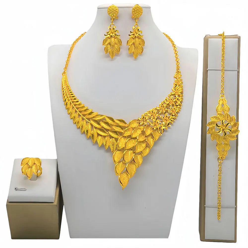 Wholesale 4pcs Dubai 24k Gold Plated Jewellery Set Necklace  Bracelet Nigerian Wedding Jewelry Sets