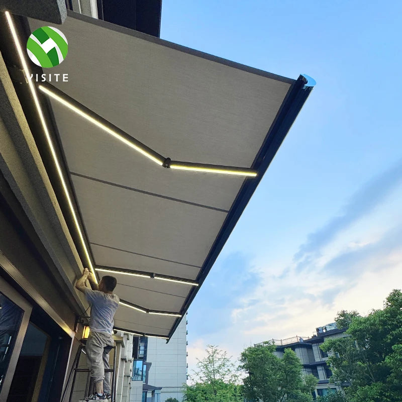 Electric Retractable Motorized Awning with LED Lighting 3m X 6m PVC Sail Modern Windproof Automatic Open Outdoor Balcony Use