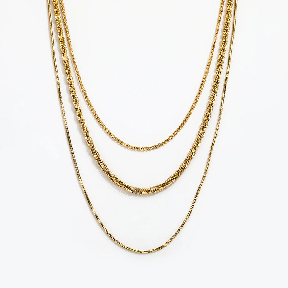 Fenny 18K Gold Plated Wholesale Simple Stylish Three Layer Curb Snake Sweater Chain Stainless Steel Necklace for Women