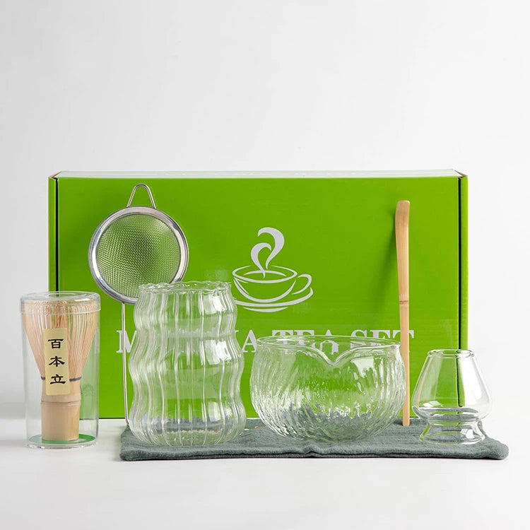 New Fashion Matcha Glass Cup and Bowl Kit 100 Prong Whisk Metal Sifter Bamboo Spoon Glass Whisk Stand Perfect Matcha Tools Set