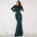 Winter Women Modest Long Sleeve O Neck Stretch Wedding Party Formal Maxi Dress Mermaid Sequin Evening Gown