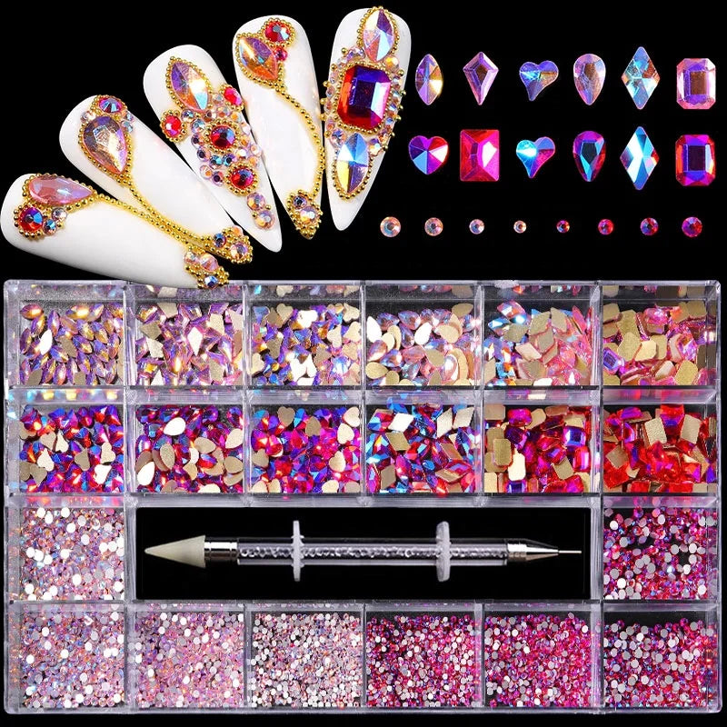 3D Diamond Colorful Boxed Nail Rhinestone Glitter Flat Glass Shaped Nail Art Decoration Accessories Shiny Jewelry Set