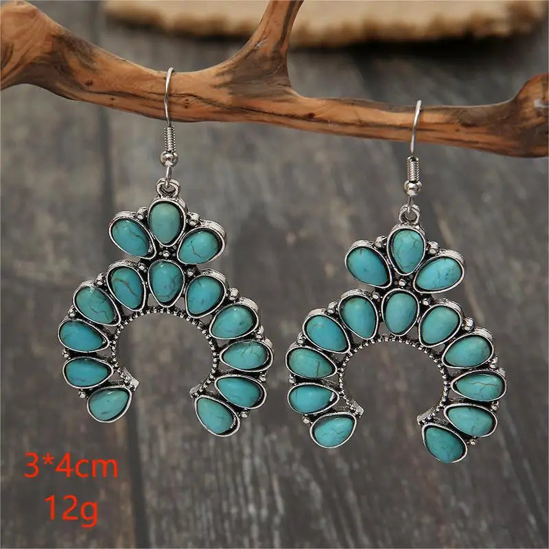 Wholesale Retro Western Style Waterdrop Turquoise Earrings 3*4cm Squash Blossoms Shape Earrings for Women Gift
