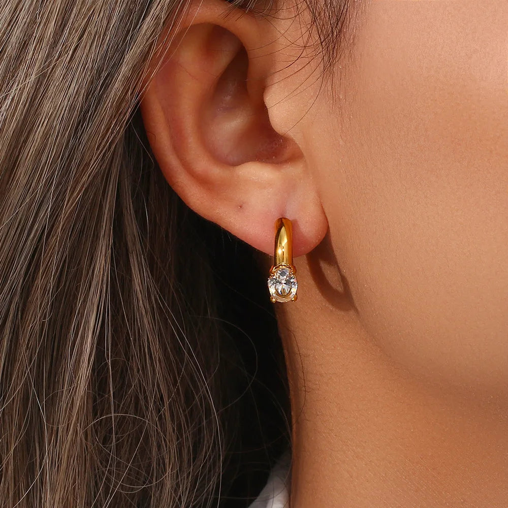 European and AmericanFashion Personality Huggie Earrings Jewelry Stainless Steel Plated 18K Gold Oval Zircon Hoop Earring