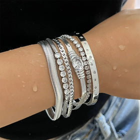 Retro Trendy Snake Bone Chain Zircon Inlaid Tennis Bracelet for Women Punk Glossy Bangle