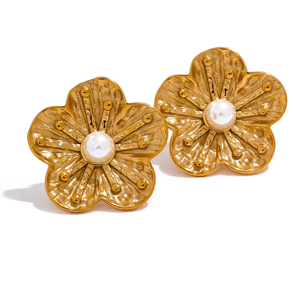 JINYOU 802 Fashion Flower Simulated Pearls Stud Earrings Stainless Steel Waterproof Jewelry Women 18K PVD Stylish Bijoux Gift
