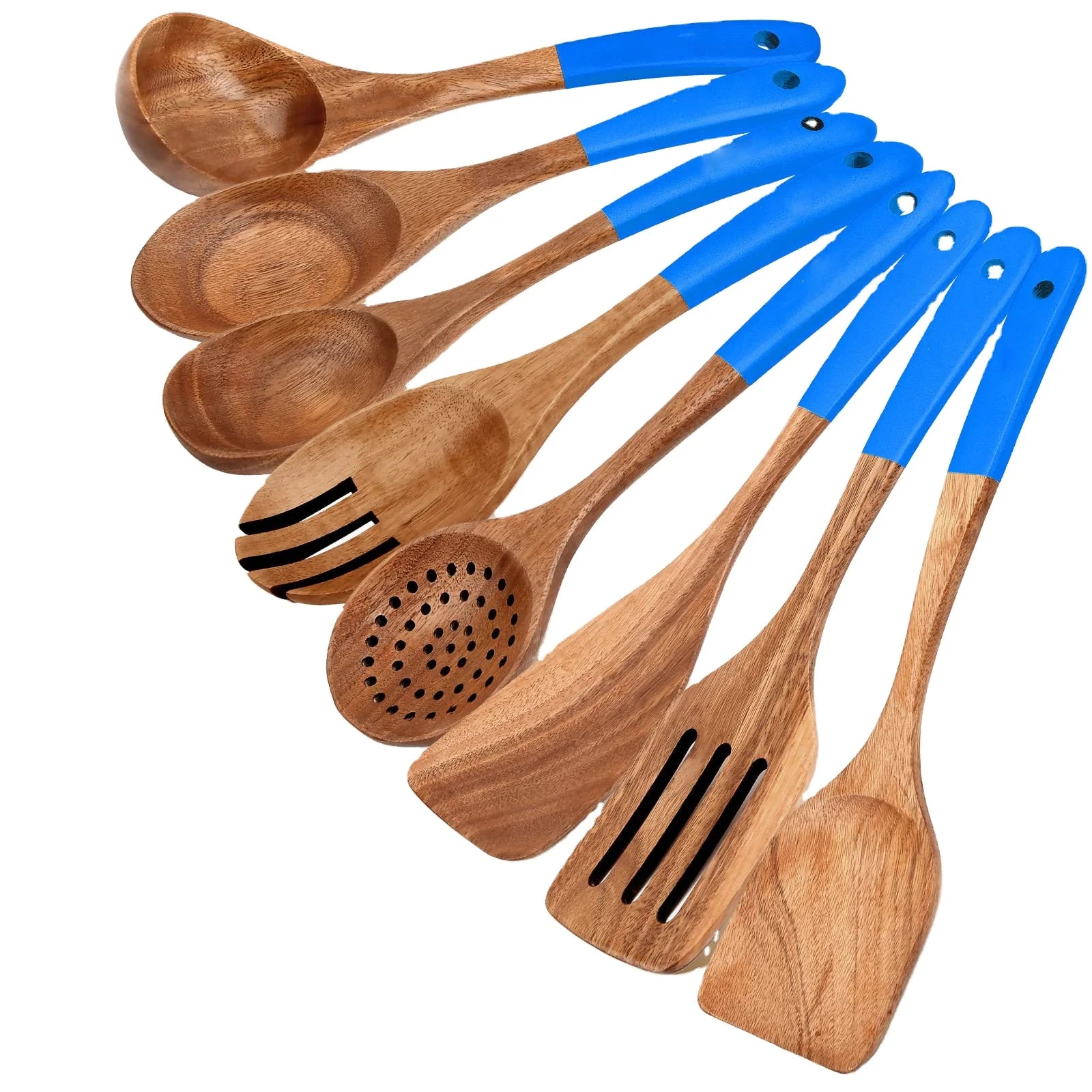 Teak Wood Handmade Spoon Sea Blue Wooden Kitchen Utensils Non-Stick Hangable Cooking Set Solid Smooth Utensils