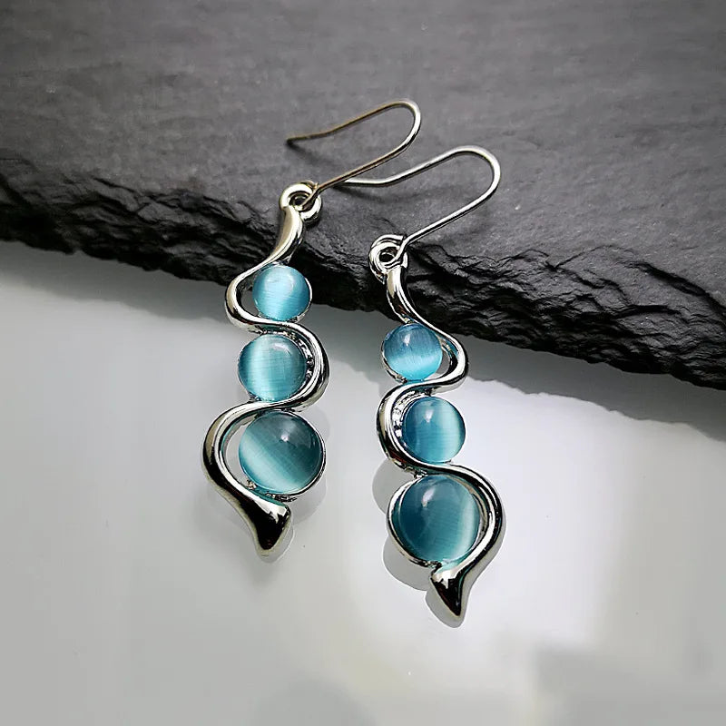Huitan Retro Wave Unique Design New Trendy Vintage Glitter Blue Opal Silver Elegant Dangle Earrings for Women