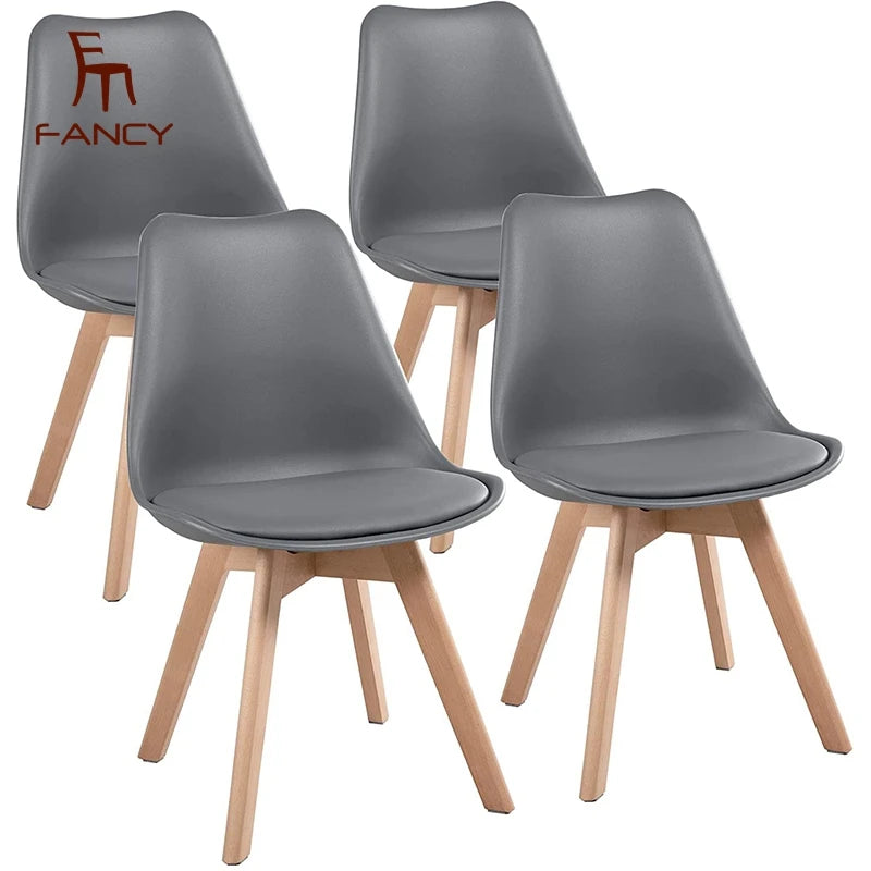 Modern White Dining Chair with Plastic Seat and Natural Beech Wood Legs Cushioned Pad for Hotel Mall Office Lounge & Dining