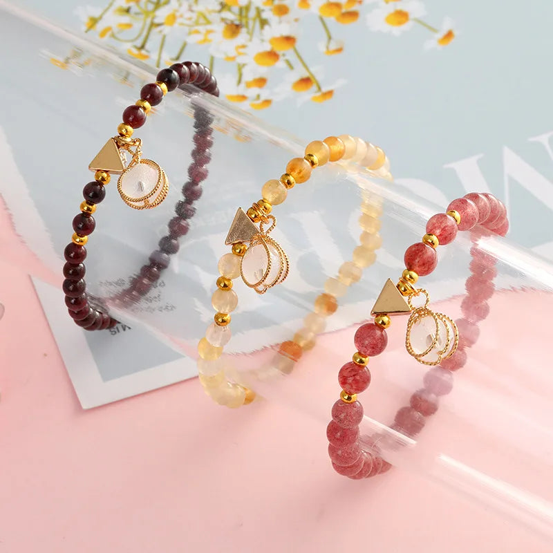 Handmade Natural Stone Strawberry Crystal Garnet Pearl Star Charms Bracelet Crystal Bracelet for Women Girls