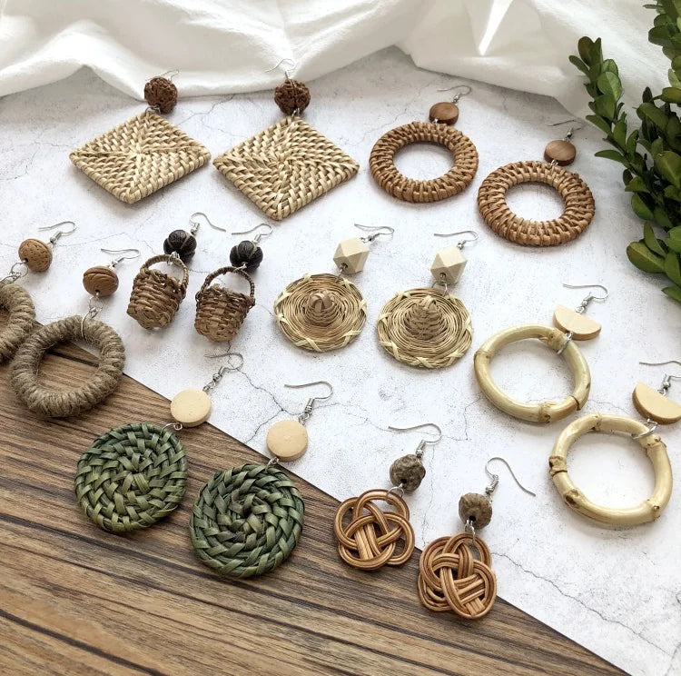 Fashion Designer Jewelry Hawaii Handmade Environment Friendly Wood Flower Bamboo Rattan Earring for Women