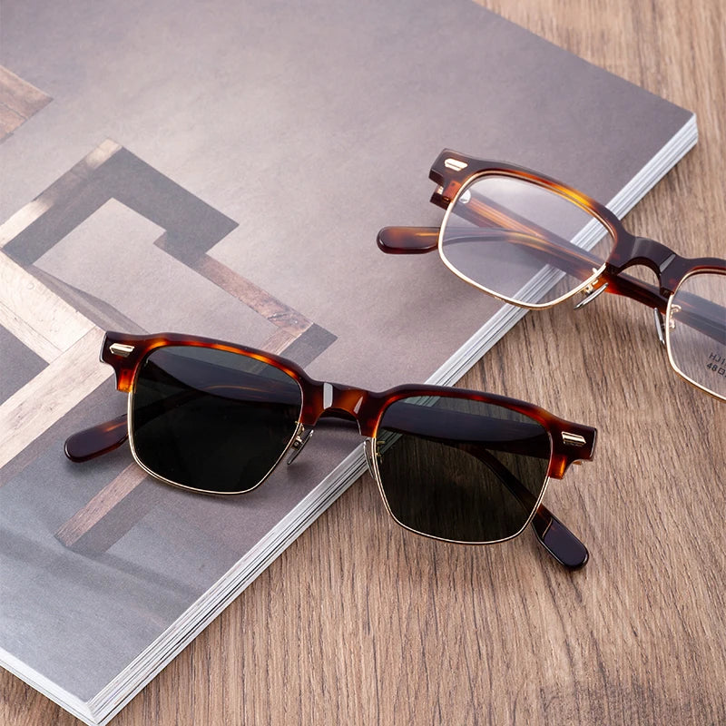 Fashionable Retro Square Metal Acetate Sunglasses for Men's Metal Half Frame Sunglasses