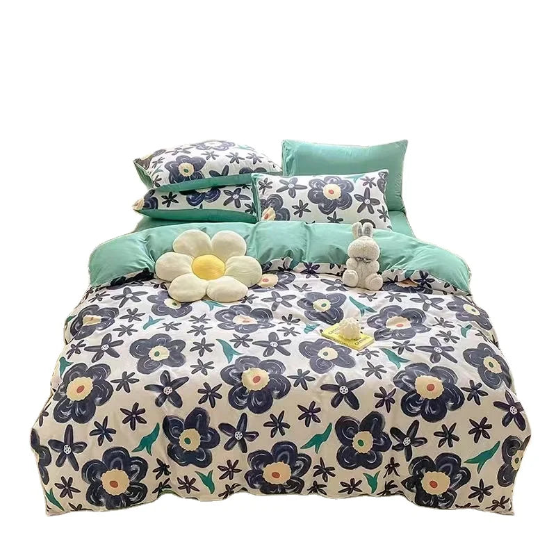 Cartoon Style 4pcs Quilted Comforter Bed Sheet Sets with Bed Sheet Flat 100% Cotton Bedding Set for Adult