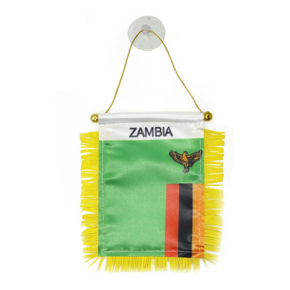 Custom Logo Digital Printing Satin Material Hanging  Zambia Pennant Flag for Car Rearview Mirror and Home Decoration