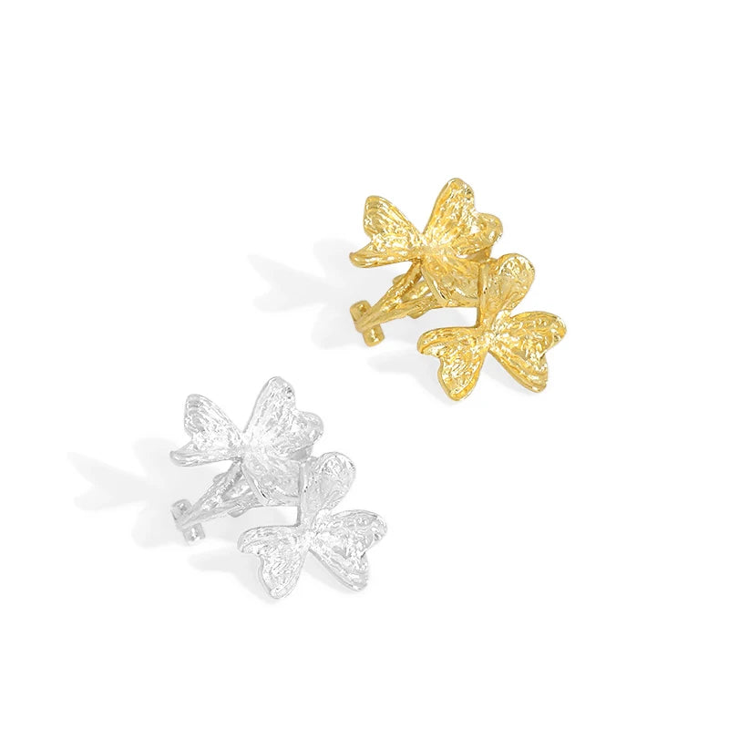 WMEF445 Non Pierced Cartilage Earring 925 Sterling Silver Texture Dainty Lucky Flower Ear Cuff